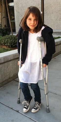 My daughter on crutches.