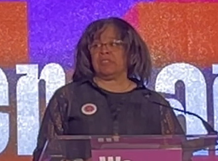 Robin Sampson speaking at paid leave rally in Harrisburg, Pennsylvania