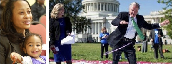 Photo of a mom and child and Kristin watching Senator Harkin hula hoop