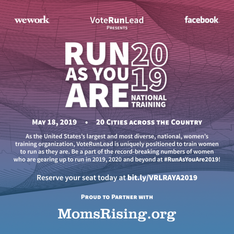  A graphic image with a blue and red ombre background and text that lists the cities for the "Vote Run Lead" "Run As You Are" training.]