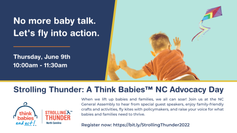 Image of boy flying kite with text reading "No more baby talk. Let's fly into action. Strolling Thunder. Thursday, June 9th, 10-11:30 am