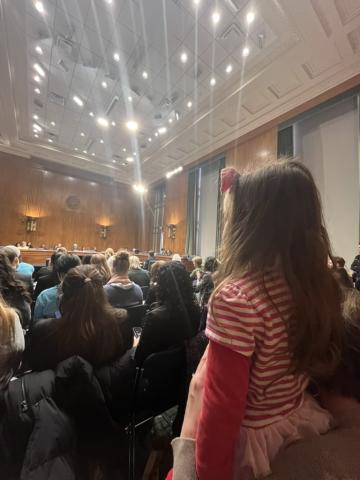 Childcare workers, advocates, and families attend Senate Childcare Congressional hearing. Small child stands on her mothers knees watching Senate Congressional Childcare hearing.