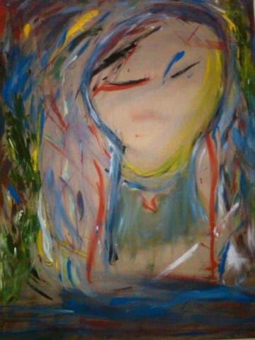 Abstract painting of person with long colorful hair and closed eyes head bowed in a somber pose