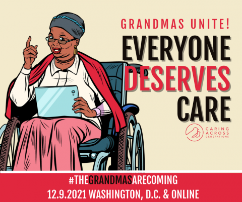 Elderly woman in a wheelchair wagging her finger with the text "Everyone Deserves Care Grandmas Unite"