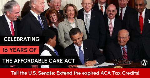 Health care is a right — Join MomsRising in telling the Senate to renew the ACA tax credits today. President Obama signing the Affordable Care Act with advocates and families looking on.
