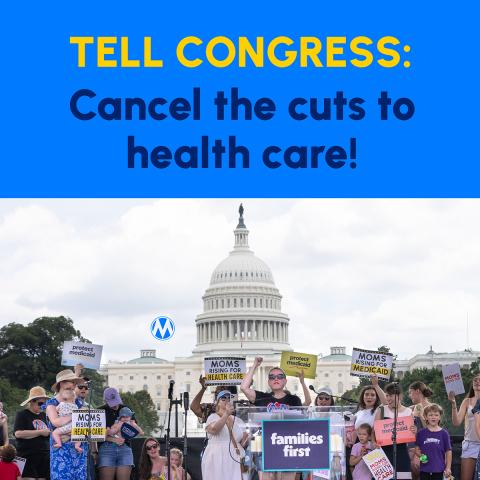 Photo of MomsRising activists standing on stage in front of the Capitol Building. 