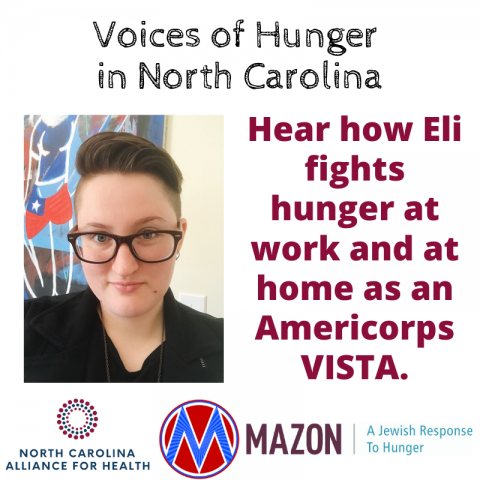 [IMAGE DESCRIPTION: A graphic with a photo of a person with short hair looking straight at the camera, and text that says 'Hear how Eli fights hunger at work and at home as an AmeriCorp VISTA]