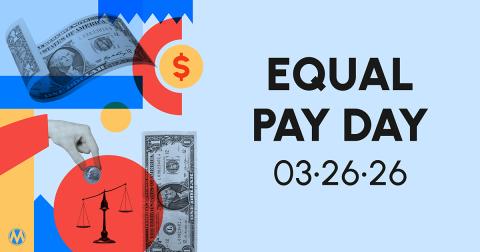 Graphic for Equal Pay Day 2026 with text 'Equal Pay for Equal Work' on a red and white background.