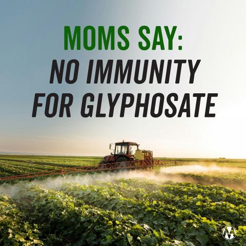 A tractor spraying crops in a green field under a clear sky, with text overlay that reads: 'MOMS SAY