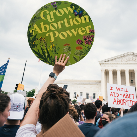 Crowd of protesters with person holding a round sign that reads "Grow Abortion Power"