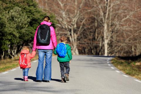 Mom walking down a rode with a child holding each hand.