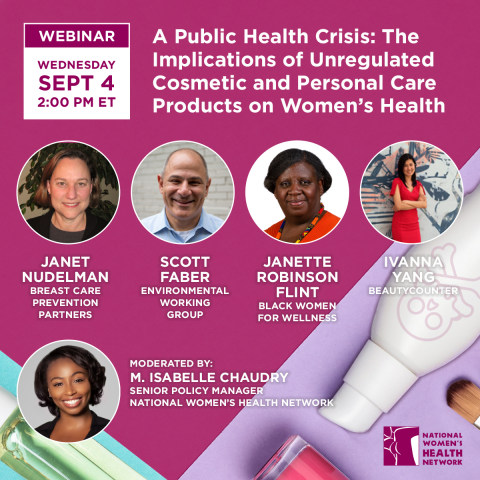 [IMAGE DESCRIPTION: Bright pink graphic showing faces of presenters for the webinar on personal care products and reproductive health.]