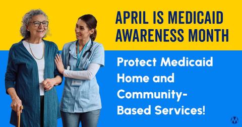 Home care is a right — Join MomsRising in telling Congress to protect Medicaid HCBS. Hands of a caregiver resting on an older adult's hands with text: Protect Medicaid Home Care
