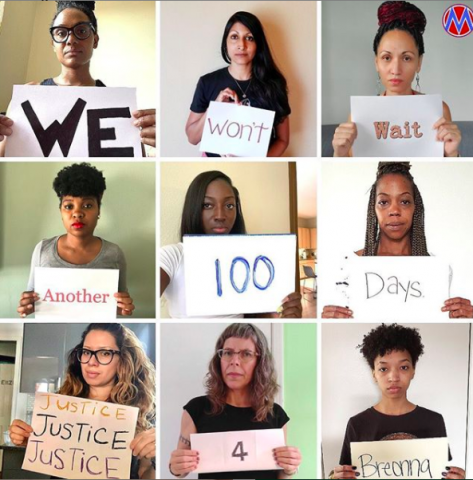 [IMAGE DESCRIPTION: A photo grid with individuals holding signs with one word each, together reading "We won't wait another 100 days. Justice for Breonna"]