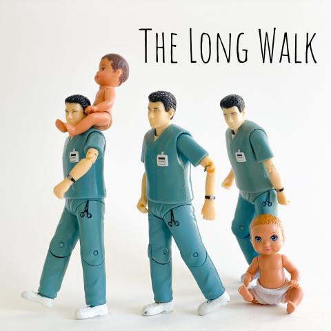 [IMAGE DESCRIPTION: A photo of small plastic dolls arranged to look like they're in a line, walking, with a baby doll perched on a nurse daddy doll's shoulders.]