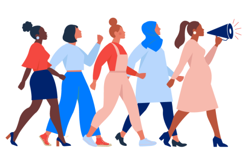 Illustration of diverse women in a line marching