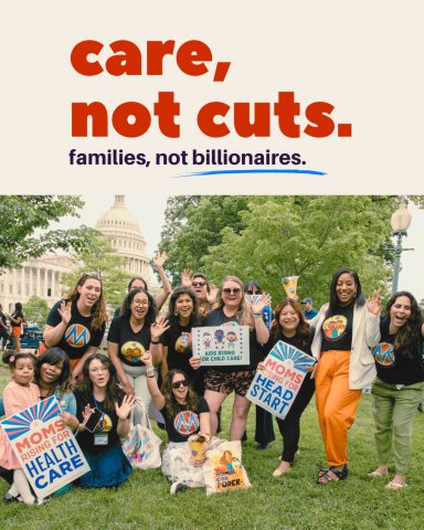 Moms stand in front of the Capitol holding signs in support of health care