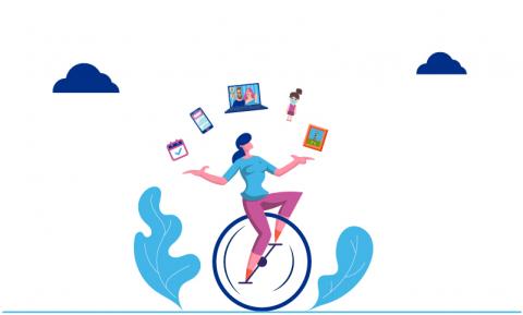 a "mom" on a unicycle with pink pants and a blue shirt,  juggling a cell phone, a calendar, a laptop, a child and a to do list.