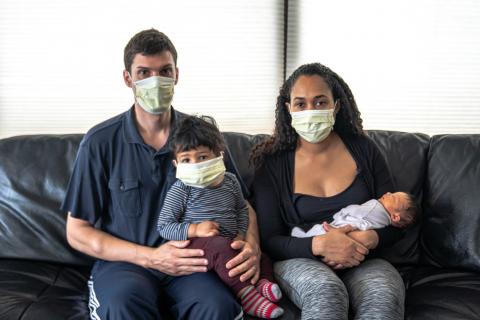 Family wearing medical masks