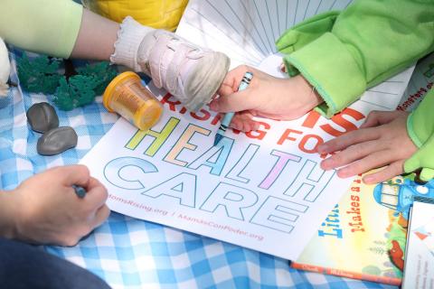 kids coloring MomsRising for healthcare poster