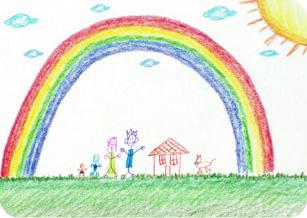 Child's crayon drawing of a rainbow and two children