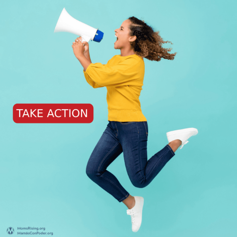 Woman jumping in the air holding a megaphone, a box next to her reads "take action"