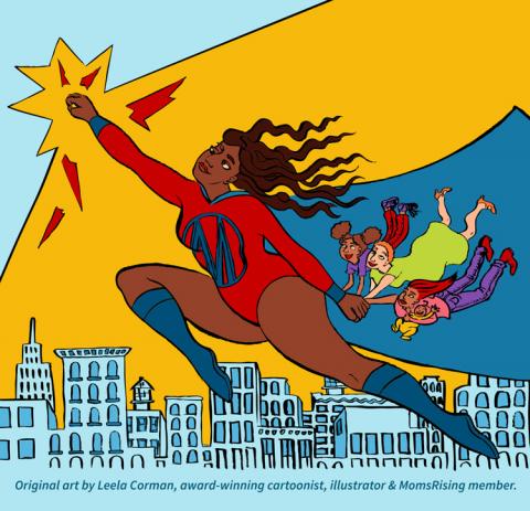 cartoon superhero mom flying to the stars