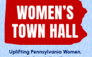 MomsRising Pennsylvania Women's Town Hall graphic featuring red state map on a blue background