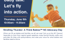Boy flying kite with text saying Strolling Thunder, Thursday, June 9, 10:00-11:30 am