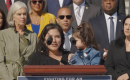 MomsRising member Kat & her daughter sharing her affordability story Rep. Jeffries' press event