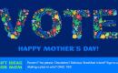 Floral illustration of the word "VOTE" above "Happy Mother's Day!" text and a list of gift ideas for