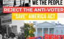 Collage of historical women's suffrage protests and modern voting rights demonstrations outside the 