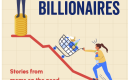 A mom pushing a shopping cart up an incline toward a man in a suit standing on a stack of gold coins