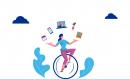 a "mom" on a unicycle with pink pants and a blue shirt,  juggling a cell phone, a calendar, a laptop, a child and a to do list.
