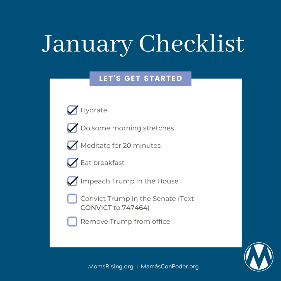 A graphic of a MomsRising January Checklist including Convict Trump in the Senate instructions