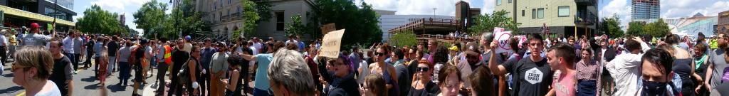 Panorama of marchers on Main Street. Photo by Ruby Sinreich