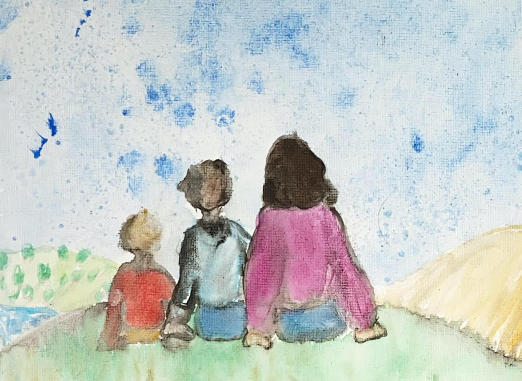 [IMAGE DESCRIPTION: A watercolor painting by a 9-year old, depicting three people sitting on a hill facing away]