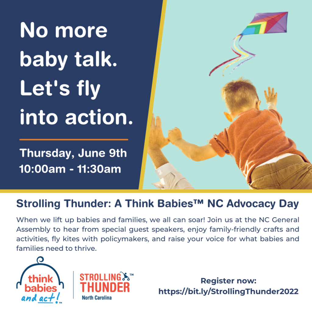 Boy flying kite with text saying Strolling Thunder, Thursday, June 9, 10:00-11:30 am