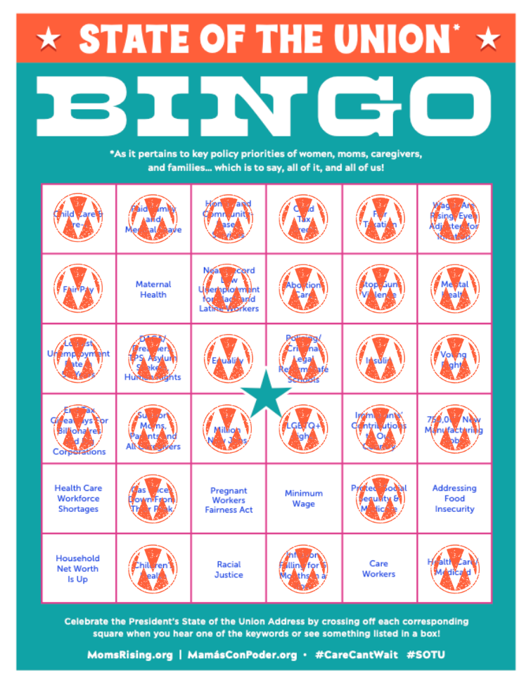 Bingo Card with words listing MomsRising policy initiatives