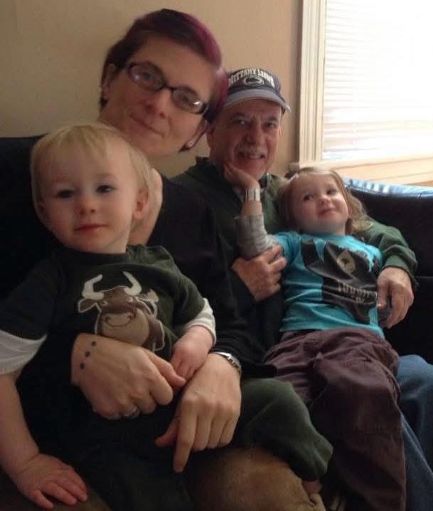 The author Jessica with her kids and her father