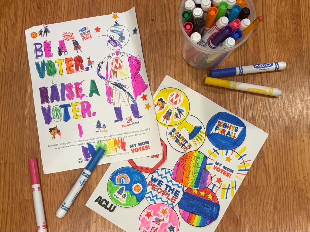 Children's coloring pages like "Be a Voter, Raise a Voter" and other pages with markers