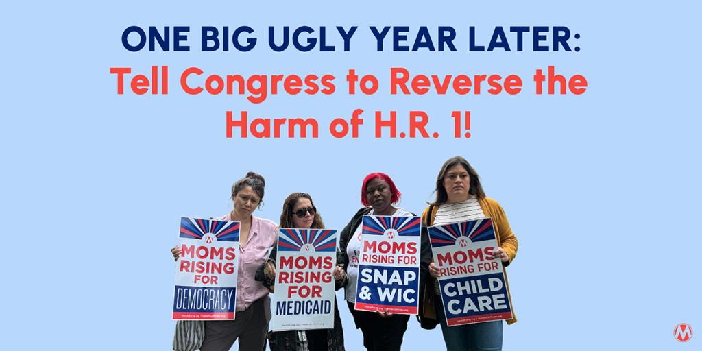 Four women holding signs reading "Moms Rising for Democracy, Medicaid, SNAP & WIC, and Child Care