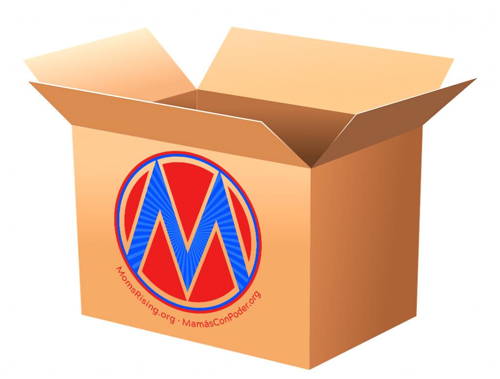 [IMAGE DESCRIPTION: Cardboard box with the top open and a MomsRising logo on the side.]