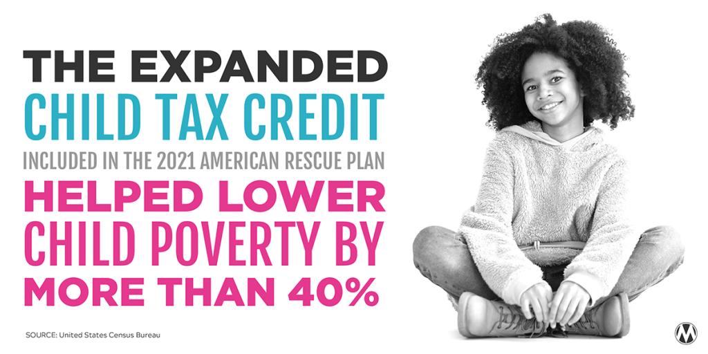 Statistic graphic saying the expanded Child Tax Credit lowered child poverty by over 40%