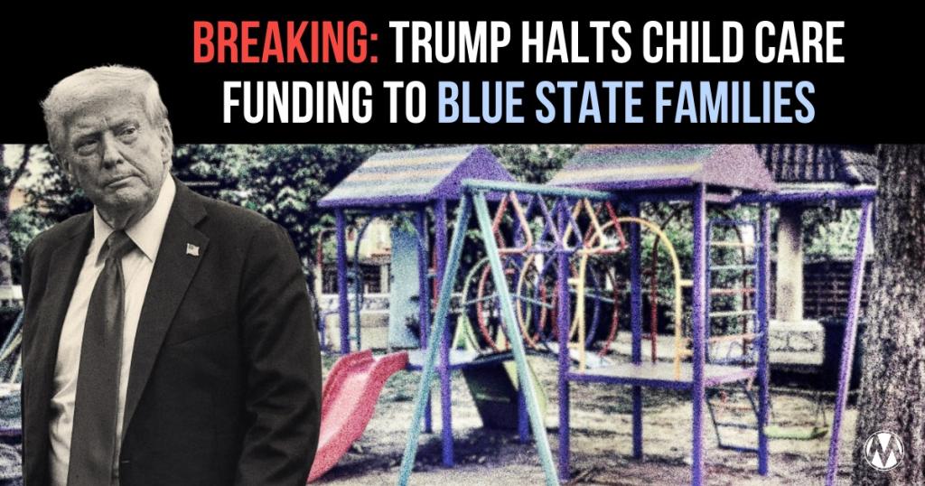 Breaking news graphic on blue background with text: Demand HHS Restore & Protect Child Care Funding 