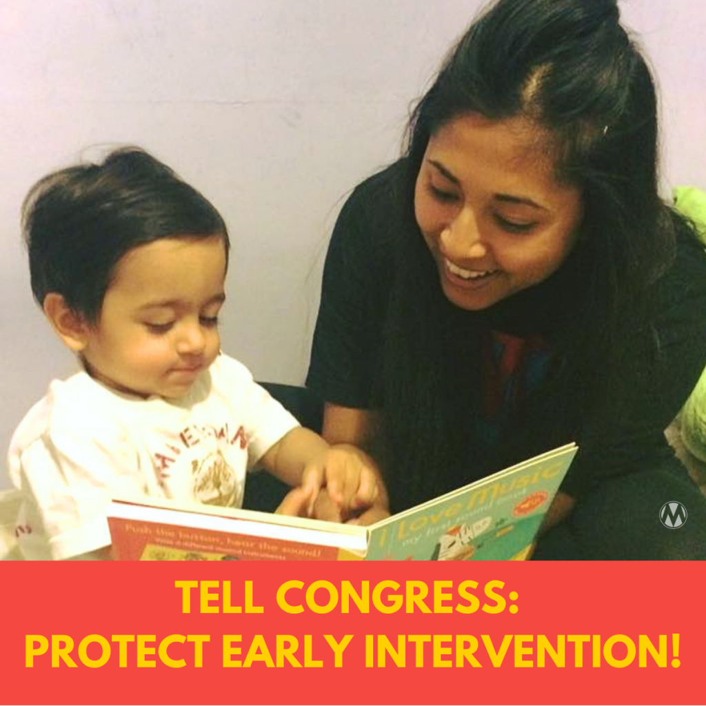 Nadia with her son Zahir telling Congress to protect early intervention!