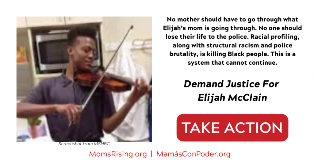 [IMAGE DESCRIPTION: A screenshot from MSNBC of Elijah McClain playing violin, and text asking people to sign on to demand justice for his murder by Aurora CO police.]