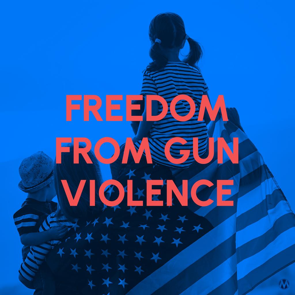 Blue-tinted graphic of a family draped in an American flag with red text reading "Freedom From Gun Violence"