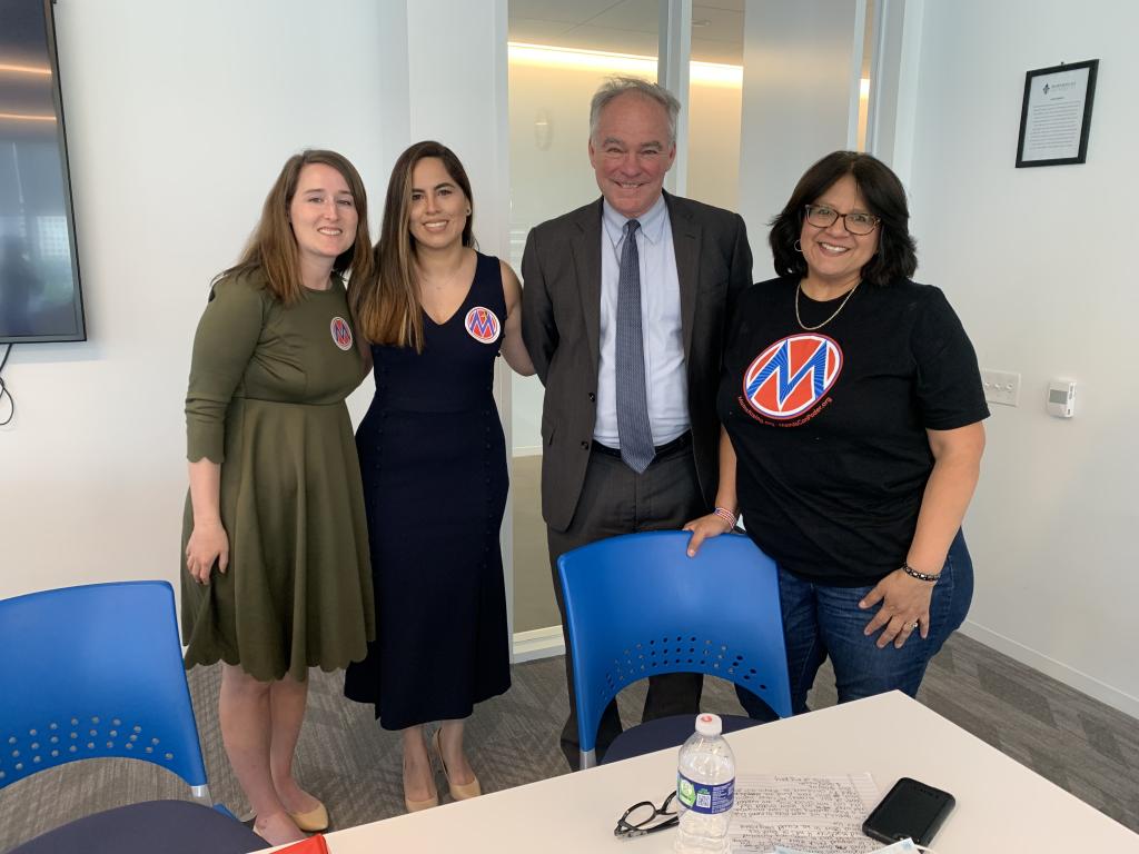 MomsRising Beacon Leaders Christina Townsend (left) and Sonia Ballinger (right) and RISER Leader Ivonne Limongi (center left) shared their childcare challenges at a roundtable event with Virgina Senator Tim Kaine.