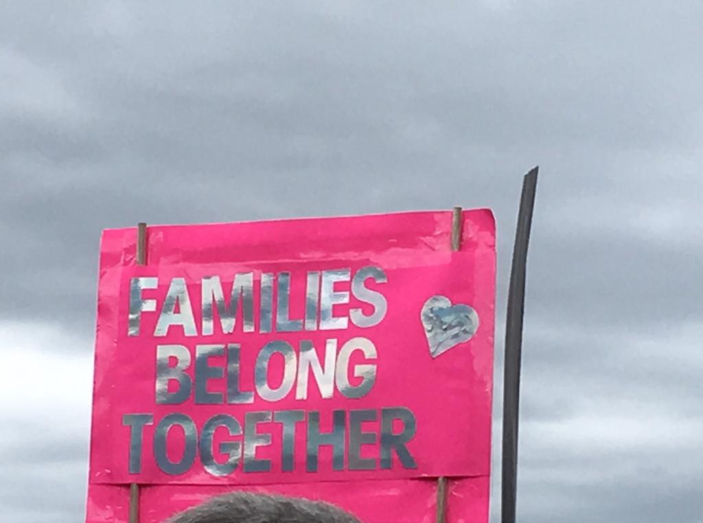 Pink sign with silver letters with "Families Belong Together" on it